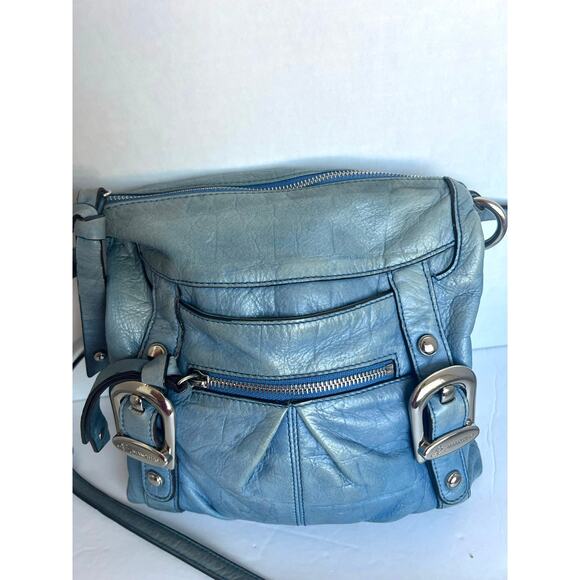 B. Makowsky Blue Leather Distressed Look Crossbody Shoulder Bag Purse - Picture 6 of 10